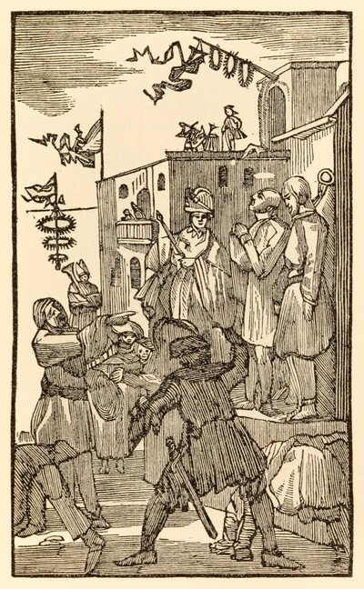Se Vanity Fair! fra The Pilgrims Progress From This World, To That Who Is To Come av John Bunyan (1628-1688) Christian går inn i byen Vanity Fair og ser andre pilegrimer i lenker. av Unknown