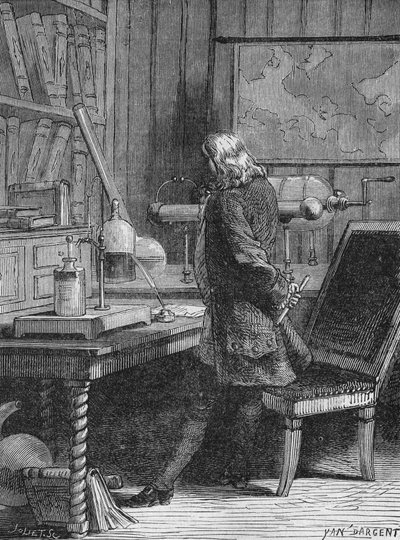 Benjamin Franklin i fysikklaboratoriet sitt i Philadelphia. I "Album of Science"", Editions Jouvet av Unknown artist