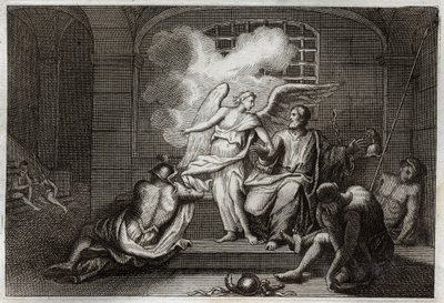 Bibelen til Royaumont, Det nye testamente: Saint Peter Delivre de prison. Sankt Peter blir løslatt fra fengselet om natten av en engel. Illustrasjon fra 1811. av Unknown artist