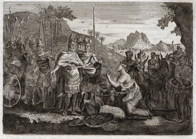 Bibelen til Royaumont, Det gamle testamente: Abigail. Abigail, Nabals kone, lindrer Davids sinne med sin visdom. Illustrasjon fra 1811. av Unknown artist