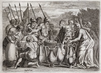 Bibelen til Royaumont, Det gamle testamente: Abraham befrier Loth. Abraham redder Loth sin nevø fra fiendens hender. Ypperstepresten Melkisedek (Melkisedek eller Melkisedek eller Melkisedek eller Melkisedek eller Melkisedek) benit. Kongen av Sodoma tilbød  av Unknown artist