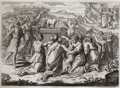 Bibelen til Royaumont, Det gamle testamente: Tilbedelse av gullkalven. Da Moses så hebreerne og gullkalven, bryter han lovens tabeller. Illustrasjon fra 1811. av Unknown artist