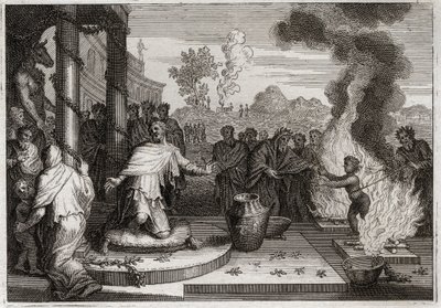 Bible of Royaumont, Old Testament: Ahaz Unholy King. The wicked Ahaz, King of Judah, irritates God, and is delivered to the enemies. Illustration from 1811. av Unknown artist