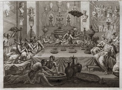 Bibelen til Royaumont, Det gamle testamente: Balthazar fordømmer. Kong Balthazar (Belshatsar) ved bordet ser en hånd som i tre ord skriver slutten av setningen hans. Illustrasjon fra 1811. av Unknown artist