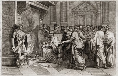 Bibelen til Royaumont, Det gamle testamente: Baruk profet. Kong Joachim (Joakim, Joachin, Jechonias) kutter bokrullen som inneholder Jeremias profetier transkribert av hans disippel Baruch (Baruch ben Neria) og kaster den i en ild. Illustrasjon fra 1811. av Unknown artist