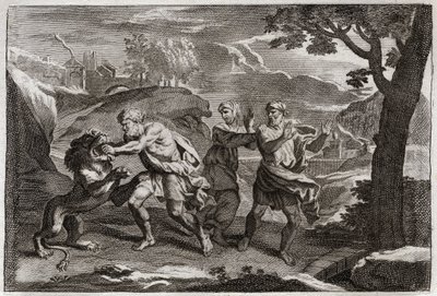 Bibelen til Royaumont, Det gamle testamente: Samsons fødsel. Samson river en løve i stykker. Illustrasjon fra 1811. av Unknown artist