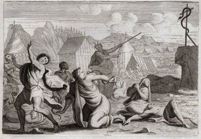 Bibelen til Royaumont, Det gamle testamente: Brasen Snake. Folket som knurrer mot Gud og mot Moses, blir straffet med ildslanger; hvorfra de ble såret av en kobberslange, som Moses hadde reist for å bli sett fra hele folket. Illustrasjon av Unknown artist