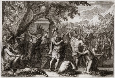 Bibelen til Royaumont, Det gamle testamente: Josephs brødre. Josef får brødrene sine i fengsel. Illustrasjon fra 1811. av Unknown artist
