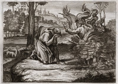 Bibelen til Royaumont, Det gamle testamente: Brennende busk. Gud taler til Moses midt i en brennende busk. Illustrasjon fra 1811. av Unknown artist