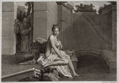 Bibelen til Royaumont, Det gamle testamente: Kyskhet av Suzanne. To eldste, Judges of the People, flekker for å korrumpere Chastete Suzanne, mens hun var alene i hagen sin og tok et bad. Illustrasjon fra 1811. av Unknown artist