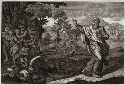 Bibelen til Royaumont, Det gamle testamente: Barn spiser bjørner. Barn som gjør narr av Elisas skallethet, blir revet av bjørn. Illustrasjon fra 1811. av Unknown artist