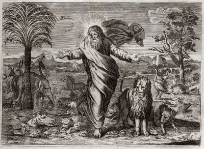 Bible of Royaumont, Old Testament: Creation of the World. God drags Heaven and Earth out of nowhere, and in six days adorns it and the people of Creatures of all kinds. Illustration from 1811. av Unknown artist