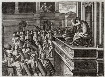 Bibelen til Royaumont, Det gamle testamente: Davids eller Betsabees forbrytelse i badet. David så Betsabee langveis fra, kona til hetitten Uria (eller hetitten Uria) bade, og fikk et dårlig ønske om henne, og drepte deretter mannen hennes Uria. Illustrasjo av Unknown artist