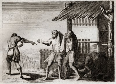 Bibelen til Royaumont, Det gamle testamente: Forbannet Cham av sin far (Noe drukkenskap). Cham, den andre av Noes barn, ser faren sin i en uanstendig holdning, bryr seg ikke, og blir forbannet på ham. Illustrasjon fra 1811. av Unknown artist