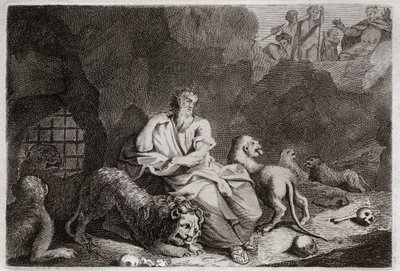 Bibelen til Royaumont, Det gamle testamente: Daniel i løvens gropen. Daniel blir satt i Lions-gropen, og er mirakuløst full. Illustrasjon fra 1811. av Unknown artist