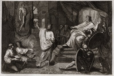 Bible of Royaumont, Old Testament: Daniel prophete. Prophete Daniel reveals to King Nebuchadnezzar II a dream he had, and explains to him what he meant. Illustration from 1811. av Unknown artist