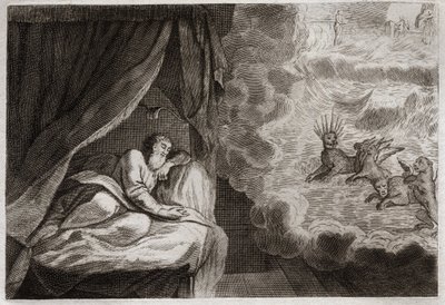 Bibelen til Royaumont, Det gamle testamente: Daniels visjon om de fire monarkiene assyrere, persere, grekere og romere. De ser fire monstre: Haniel, Kafziel, Azriel, Aniel. Illustrasjon fra 1811. av Unknown artist