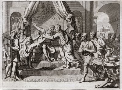 Bibelen til Royaumont, Det gamle testamente: David spiller på harpe. Saul blir avvist fra Gud, blir grepet av den onde ånden. Vi ser etter en mann som vet hvordan han skal spille harpe, for å avlaste ham i hans ondskap. Illustrasjon fra 1811. av Unknown artist