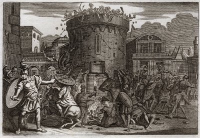 Bibelen til Royaumont, Det gamle testamente: Abimeleks død. Abimelek (Abimelec eller Ahimelek eller Ahimelek) blir drept av en kvinne som styrter ham med en stein ved beleiringen av Tebetz. Illustrasjon fra 1811. av Unknown artist