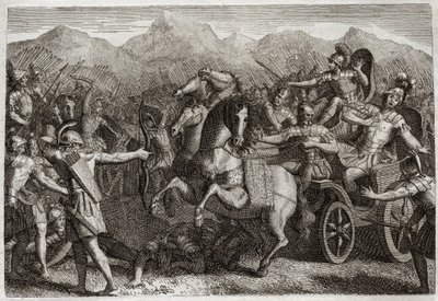 Bible of Royaumont, Old Testament: Death of Ahab. Ahab (Akhab) waged war against Syria, and was killed with a random arrow. Illustration from 1811. av Unknown artist