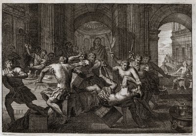 Bibelen til Royaumont, Det gamle testamente: Amnons død. Når Absalom (eller Avshalom, Absalon) blir forsonet med David, får broren hans Amnon (Ammon) til å flykte til en fest. David blir tvunget til å flykte fra Jerusalem, og lider denne forfølgelsen med e av Unknown artist