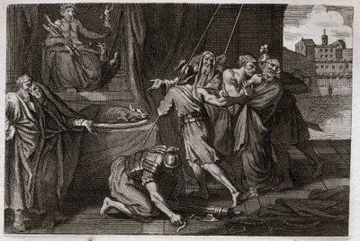 Bible of Royaumont, Old Testament: Death of Eleazar. The old saint Eleazar was killed by order of Antiochos IV Epiphane (175-164 BC), because he did not want to pretend to eat defended meats. Illustration from 1811. av Unknown artist