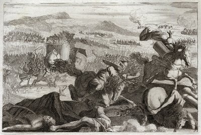 Bibelen til Royaumont, Det gamle testamente: Judas død. Nederlag til Demetrios I Soter og Nicanor. Judas Machabee (Maccabee, Macabee) døde i kamp. Illustrasjon fra 1811. av Unknown artist