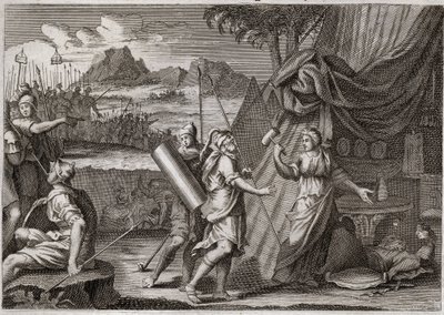Bible of Royaumont, Old Testament: Death of Sisara. Yael (Jael) kills the head of the Canan army Sisra (Sisera or Sisara). Illustration from 1811. av Unknown artist