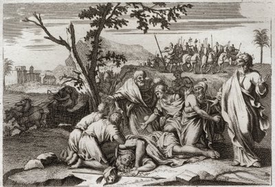 Bible of Royaumont, Old Testament: Death of the wicked Antiochus. The appalling death of King Antiochus IV Epiphane (175-164 BC) after a horse fall. Illustration from 1811. av Unknown artist