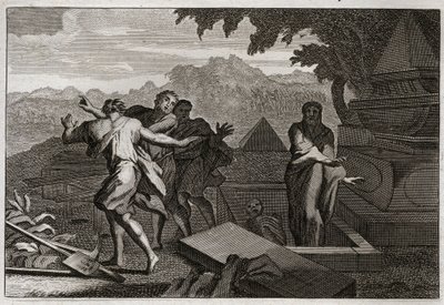 Bibelen til Royaumont, Det gamle testamente: Døden stiger. En død mann ble ved en tilfeldighet sluppet ned ved Elisees grav, og han gjenoppstod ved å berøre beinene hans. Illustrasjon fra 1811. av Unknown artist