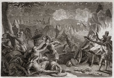 Bible of Royaumont, Old Testament: Defeat of the Midianites by the sound of the trumpets and by the lights of the lamps. Illustration from 1811. av Unknown artist