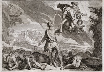 Bibelen til Royaumont, Det gamle testamente: Filistrenes nederlag. Samson dreper tusen filister med en eselkjeve. Gud får vann til å renne ut av kjeven slik at Samson kan slukke tørsten. Illustrasjon fra 1811. av Unknown artist