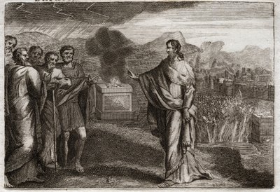 Bibelen til Royaumont, Det gamle testamente: Filistrenes nederlag. Samuel tilbyr et holocaust til Gud. Så forsvarte jødene filistrene. Illustrasjon fra 1811. av Unknown artist