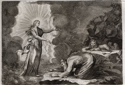 Bibelen til Royaumont, Det gamle testamente: Daniels befrielse. Daniel, i løvehulen, er mirakuløst full. Illustrasjon fra 1811. av Unknown artist