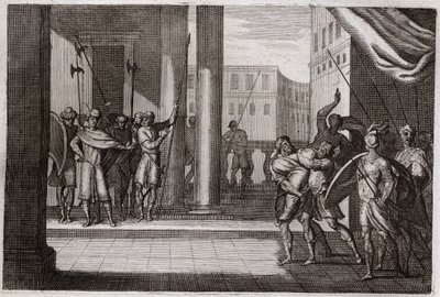 Bibelen til Royaumont, Det gamle testamente: Dinah gikk ut av nysgjerrighet for å se kvinnene i Sikem (eller Sikem), og kongen av den byen hadde gjort ham til vold, brødrene hans tok hevn og drepte alle Sikems folk sammen med kongen. Illustrasjon fra 1811. av Unknown artist