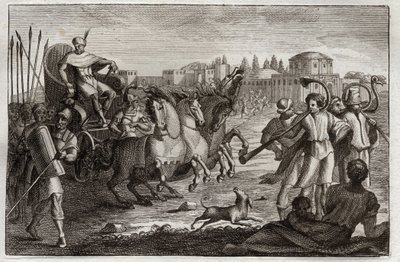Bible of Royaumont, Old Testament: Elevation of Joseph. Joseph is raised in glory. Illustration from 1811. av Unknown artist