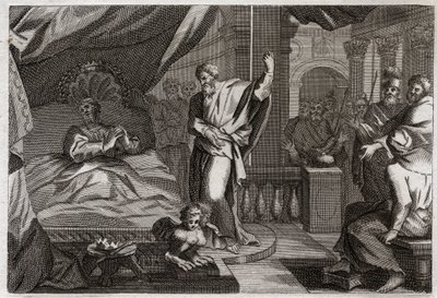 Bible of Royaumont, Old Testament: Ezechias receives health. King Ezechias was ill at death, received health and another fifteen years of life. The prophete Isaiah (Isaiah) announces his war: the sign will be to push back the shadow of the clock by ten deg av Unknown artist