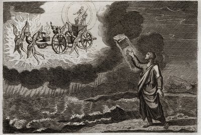 Bibelen til Royaumont, Det gamle testamente: Esekiel profet. Den hellige profet hadde et syn der Herren viste seg for ham på en vogn, båret av fire kjerubiner (tetramorf). Illustrasjon fra 1811. av Unknown artist