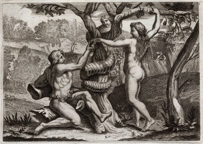 Bibelen til Royaumont, Det gamle testamente: Adams fall. Demonen under ansiktet til en slange snakker til Eva, og teltet for å spise forbudt frukt: Eva faller og får også Adam til å falle. Illustrasjon fra 1811. av Unknown artist