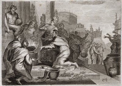 Bibelen til Royaumont, Det gamle testamente: Salomos fall. Salomo er korrumpert av kvinner, og ofrer røkelse til avgudene til de falske gudene. Hans død. Illustrasjon fra 1811. av Unknown artist