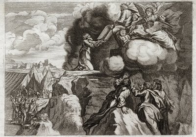 Bibelen til Royaumont, Det gamle testamente: Lovens første tabeller. Gud gir loven til sitt folk på Sinai-fjellet. Moses mottar de 10 bud fra Guds hender. Illustrasjon fra 1811. av Unknown artist