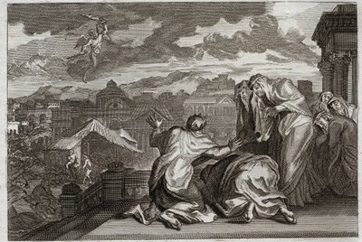 Bibelen til Royaumont, Det gamle testamente: Fleau of the Plague. Og da David hadde gjort skyggen av hele sitt folk ved en forfengelig bevegelse, plager Gud sitt rike med en pest som tar sytti tusen mann på tre dager. Illustrasjon fra 1811. av Unknown artist