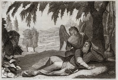 Bibelen til Royaumont, Det gamle testamente: Elias flukt. Elia som flykter fra Jesabels sinne, som ønsket hevn på ham for døden til hans falske profeter, blir støttet i ørkenen av en engel som bringer ham mat. Illustrasjon fra 1811. av Unknown artist