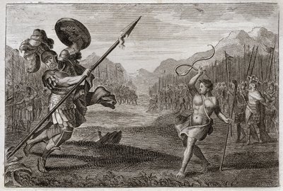 Bible of Royaumont, Old Testament: Giant Goliath. Goliath, Philistine, of prodigious greatness, is defeated by David, weapon only with a sling and a stick. Illustration from 1811. av Unknown artist