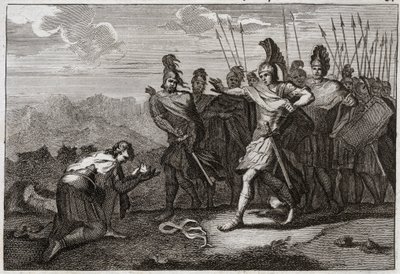 Bibelen til Royaumont, Det gamle testamente: Sauls hode. Filisterne nyter Sauls død, og ofrer hodet hans til deres avgud. David angrer på døden og drar til Judee, eller han blir anerkjent som konge i Hebron. Illustrasjon fra 1811. av Unknown artist