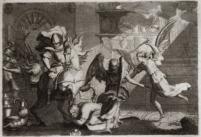 Bibelen til Royaumont, Det gamle testamente: Heliodor på jakt etter templet. Heliodore (Heliodoros) sendt av sin hersker for å plyndre Jerusalems tempel, ble slått med meter av engler. Illustrasjon fra 1811. av Unknown artist