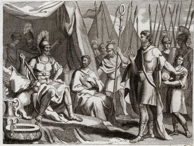 Bible of Royaumont, Old Testament: Holoferne. General of the Arm of Nebuchadnezzar II, Holoferne approaches Judea. Ahior, King of the Ammonites, who came to give back to him, lifts up before Holoferne the power of the God of the Jews. Illustration from 181 av Unknown artist