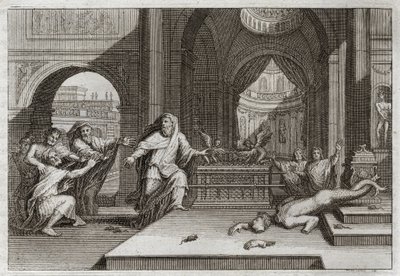 Bibelen til Royaumont, Det gamle testamente: Dagons idol. Og da filisterne satte paktens ark i templet ved siden av Dagon sin Gud, tok hun deres avgud ned og slo dem alle med en svært høstplage, som tvang dem til å sende henne bort. Illu av Unknown artist