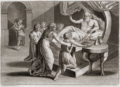 Bibelen til Royaumont, Det gamle testamente: Isak velsignet Jakob. Isak, som ønsker å velsigne Esau, gir Jakob sin velsignelse ved Rebekkas visdom, som hun tilhørte i henhold til Guds plan. Illustrasjon fra 1811. av Unknown artist