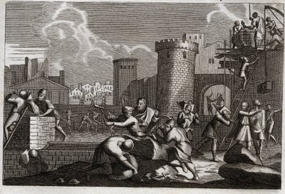 Bible of Royaumont, Old Testament: Jerusalem rebatie. King Artaxerxes I sent Nehemia to Jerusalem with permission to rebel all its walls. Illustration from 1811. av Unknown artist